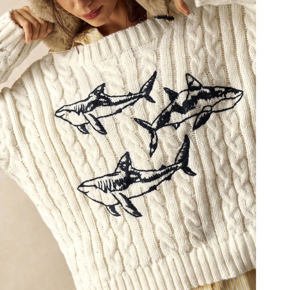 Cozy Shark Embroidered Chunky Cable Knit Oversized Sweater Top - Picture 2 of 7